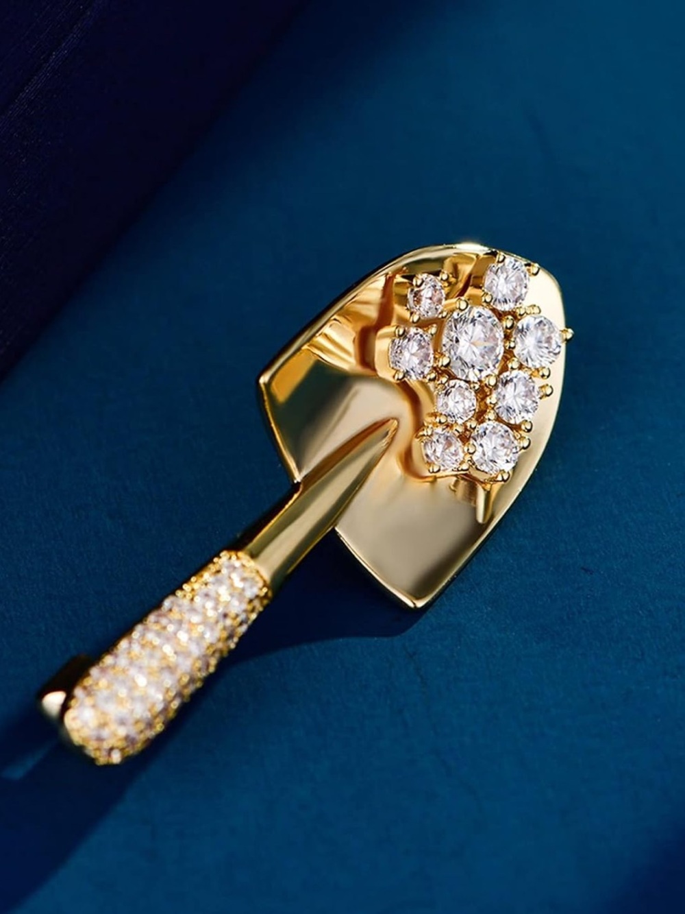 Crystal Garden Shovel Brooch Pin – Gold Tone Statement Brooch